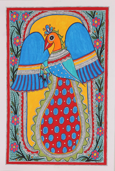 Acrylic Madhubani Peacock Painting on Handmade Paper