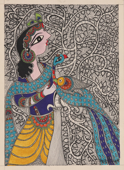 Krishna-Themed Madhubani Painting on Handmade Paper