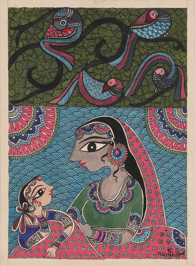Mother and Child Madhubani Painting on Handmade Paper