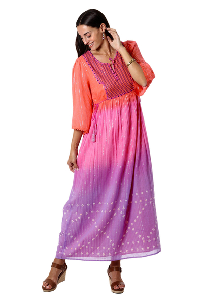 Embroidered Tie-Dyed Cotton Empire Waist Dress