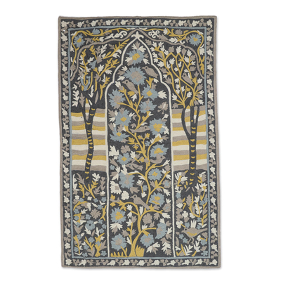 Chain-Stitched Wool and Cotton Tree Motif Rug
