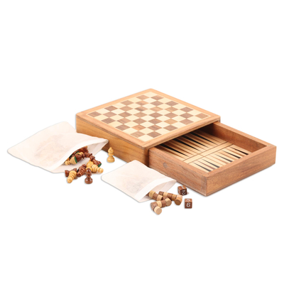 Mini Acacia Wood Chess and Backgammon Game Set
