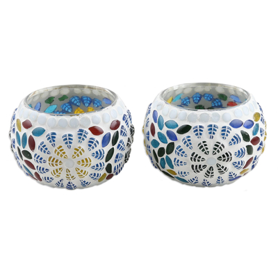 Glass Flower Mosaic Tealight Candle Holders (Pair)