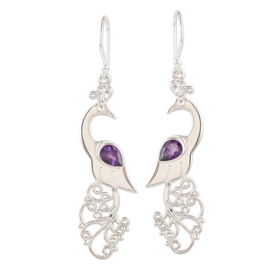 Amethyst and Sterling Silver Peacock Dangle Earrings