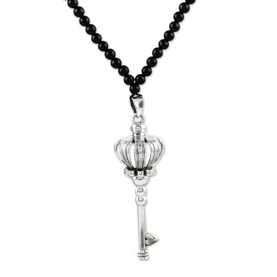 Sterling Silver and Onyx Key-Motif Pendant Necklace