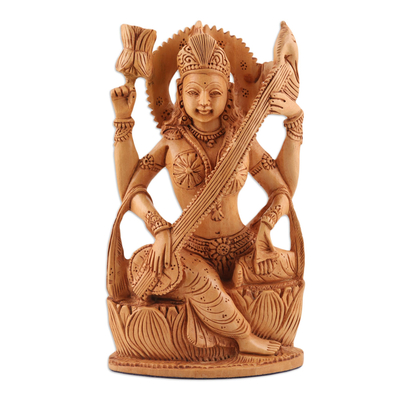 Hand Crafted Kadam Wood Saraswati Sculpture