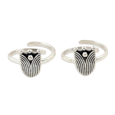 Sterling Silver Tulip-Motif Toes Rings from India (Pair)