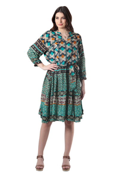 Embroidered Viscose A-Line Dress with Geometric Print