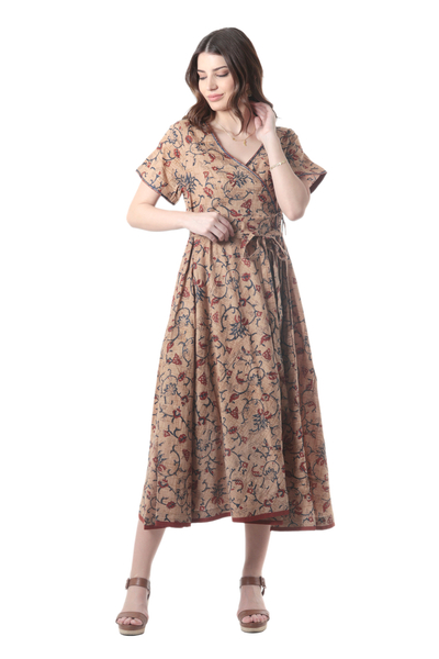 Hand-Embroidered Cotton Wrap Dress with Floral Motif