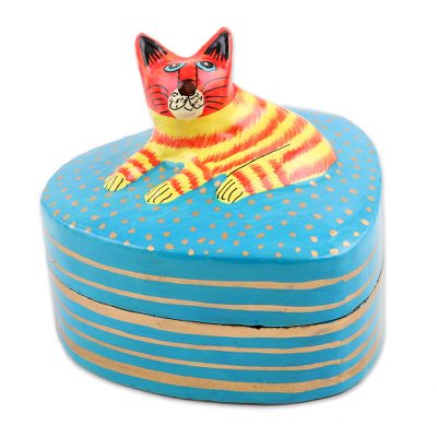Hand-Painted Papier Mache Box with Cat Motif