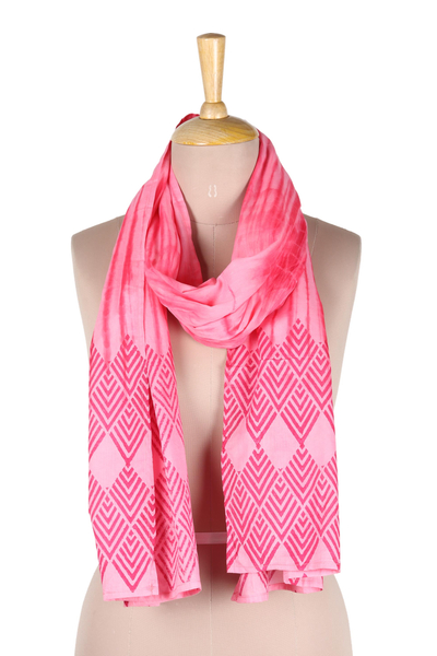 Bright Pink Batik-Dyed Cotton Scarf with Geometric Pattern