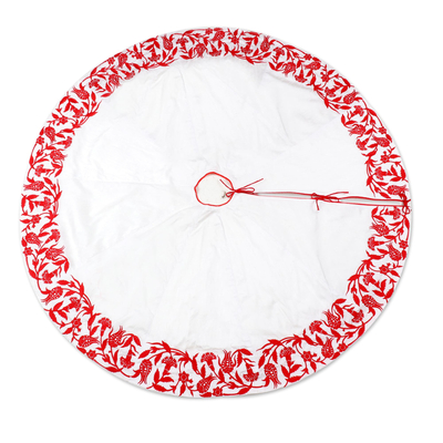 Embroidered Red and White Holiday Tree Skirt