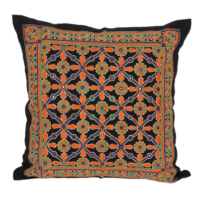 Embroidered Cotton Cushion Cover with Floral Motif