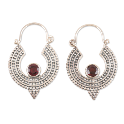 Oxidized Sterling Silver Hoop Earrings with Red Garnet