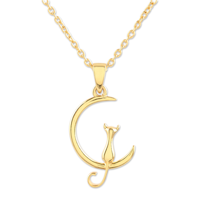 Gold-Plated Cat and Crescent Moon Pendant Necklace