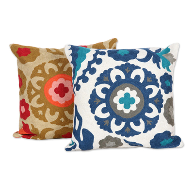 Embroidered Cotton Cushion Covers with Floral Motif (Pair)