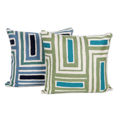 Chain-Stitched Cotton Cushion Covers from India (Pair)