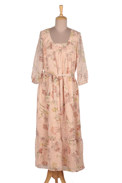 Floral-Printed Chiffon Dress with Golden Lurex