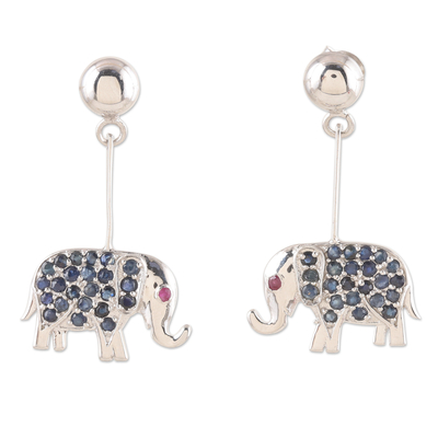 Rhodium-Plated Sapphire and Ruby Elephant Earrings
