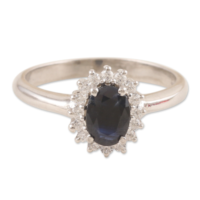 Hand Crafted Rhodium-Plated Blue Sapphire Cocktail Ring