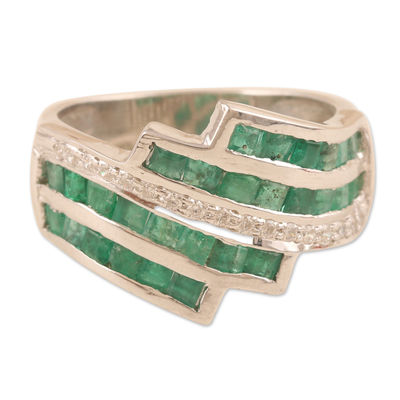Rhodium-Plated Emerald and Cubic Zirconia Band Ring