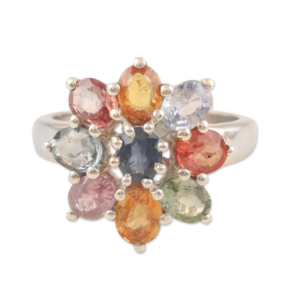 Rhodium-Plated Multicolored Sapphire Cocktail Ring