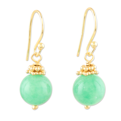 22k Gold-Plated Beaded Green Jade Dangle Earrings from India