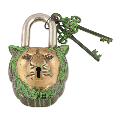 Brass Lock and Key Set with Lion Motif (3 Pieces)
