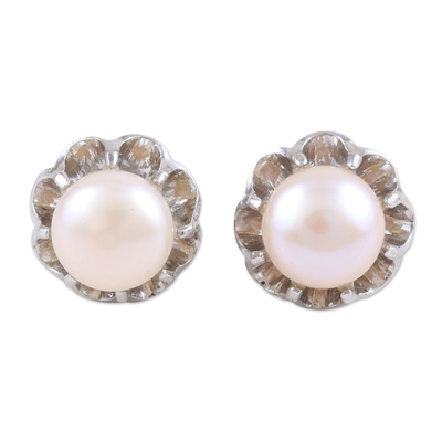 Cultured Pearl and Sterling Silver Button Earrings