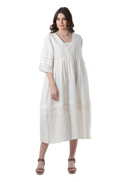 Cotton-Linen Blend A-Line Dress with Lace Detailing