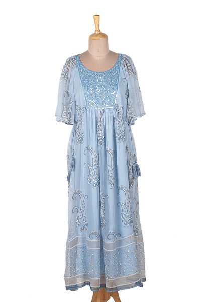 Embellished Block-Printed Viscose Chiffon Dress