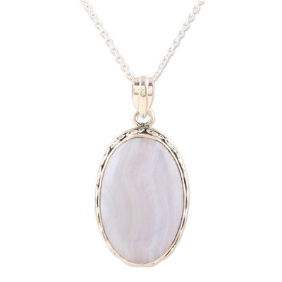 Blue Lace Agate and Sterling Silver Pendant Necklace