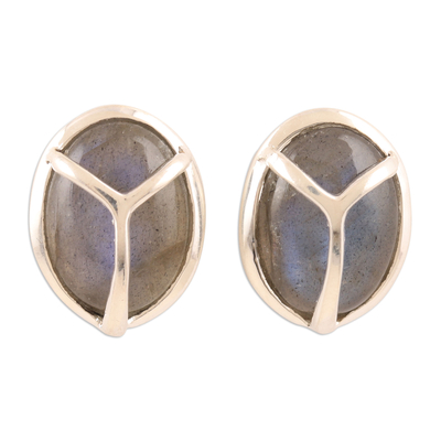 Labradorite and Button Earrings with Peace Sign Motif