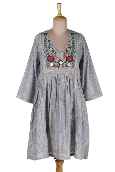 Embroidered Cotton Babydoll Dress with Floral Motif