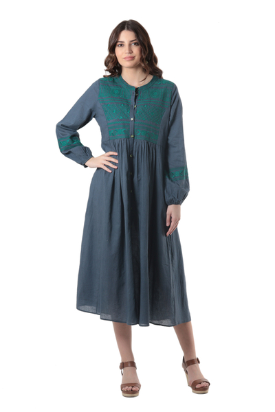Embroidered Cotton Empire Waist Dress with Floral Motif