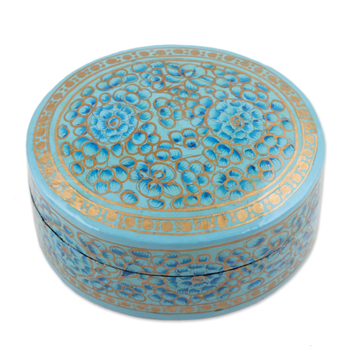 Blue Floral Papier Mache and Wood Oval Decorative Box