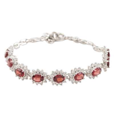 Rhodium-Plated Garnet and Cubic Zirconia Link Bracelet
