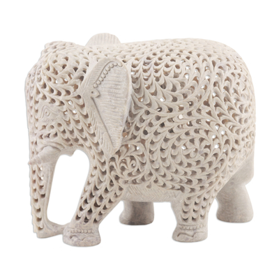 Natural Soapstone Jali Sculpture of an Elephant Mom