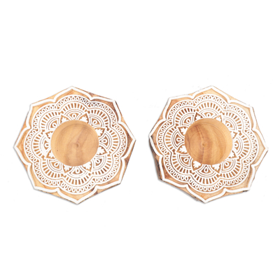 Wood Tealight Candle Holders with Floral Motif (Pair)
