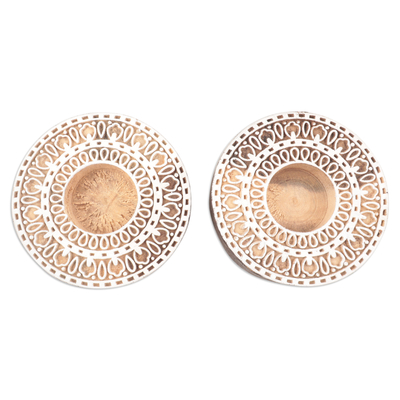 Artisan Crafted Mango Wood Tealight Candle Holders (Pair)