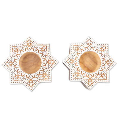 Mango Wood Tealight Candle Holders with Star Motif (Pair)