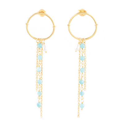 Gold-Plated Chalcedony and Cultured Pearl Dangle Earrings