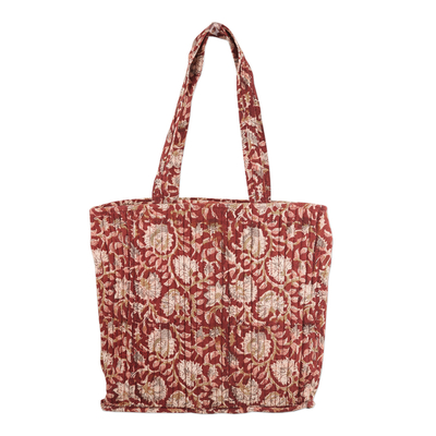 Red Quilted Cotton Tote Bag with Block-Printed Pattern