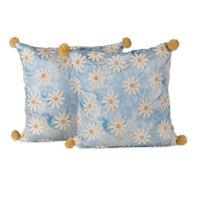 Floral Blue Embroidered Cushion Covers (Pair)