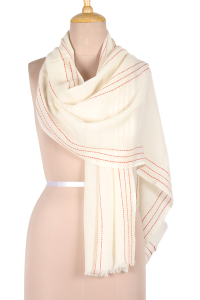 Ivory Wool Shawl with Stitch Pattern Woven in India