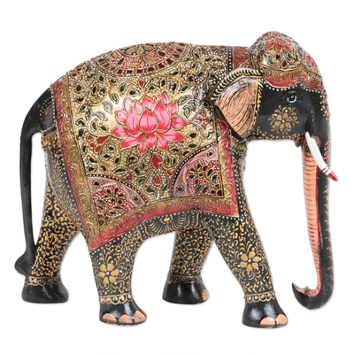 Artisan Crafted Elephant and Calf Wood Sculpture from India