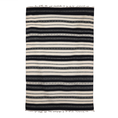 Handloomed Striped Wool Area Rug in Ivory and Black (5x8)