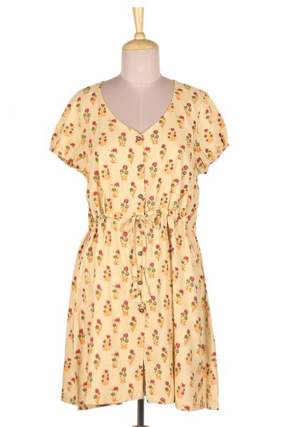 Beige Rayon Tunic-Style Dress with Floral Print and Buttons