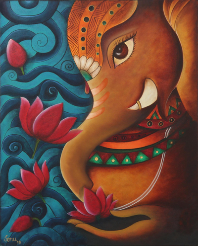 Signed Unstretched Hindu Painting of Ganesha with Lotuses