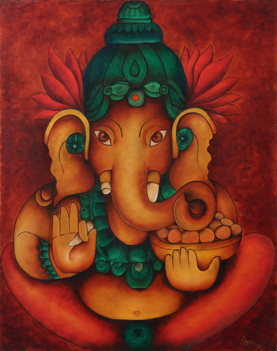 Signed Unstretched Hindu Painting of Ganesha in Warm Palette